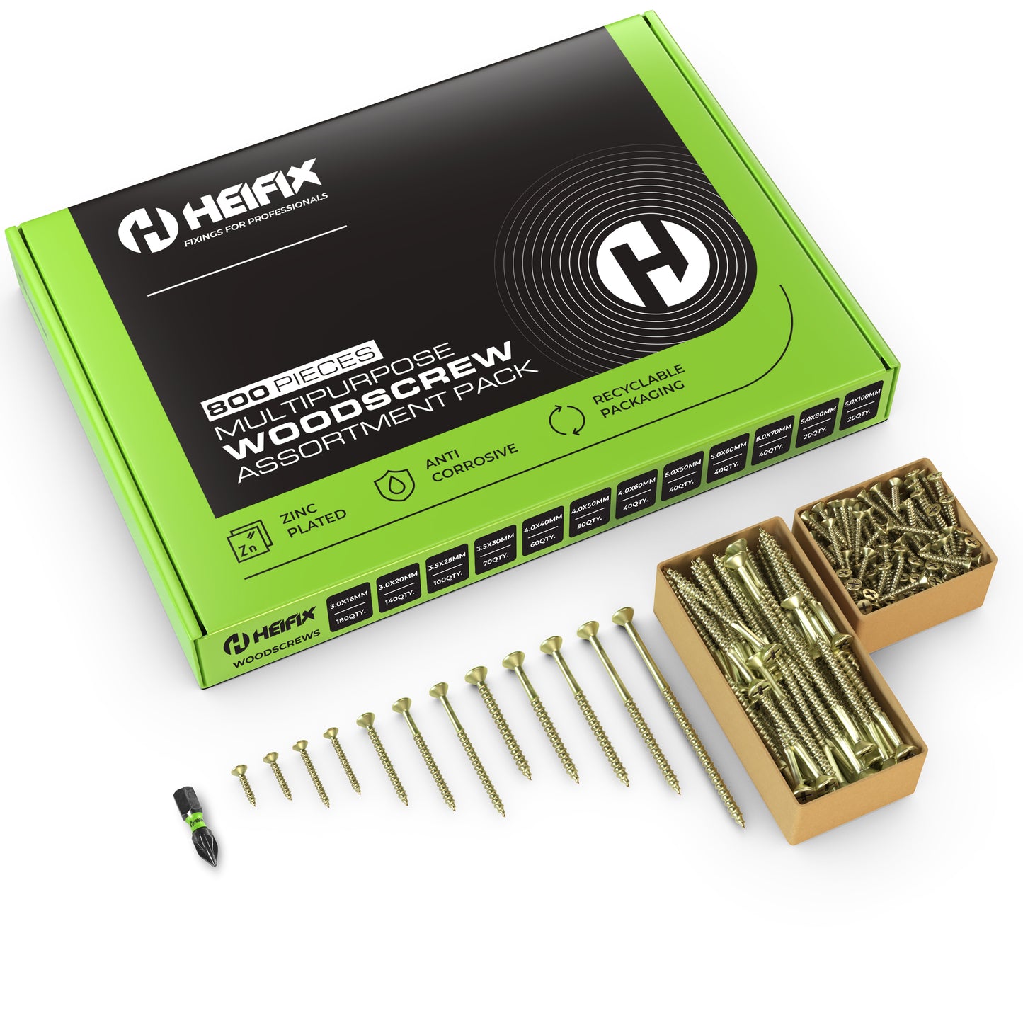 Heifix 800-Piece Wood Screw Assortment Set In Eco Storage Box - Double Countersunk, Pozi, Heavy Duty - FREE Screw Bit Included - For DIY, Floorboard, Wood Fences