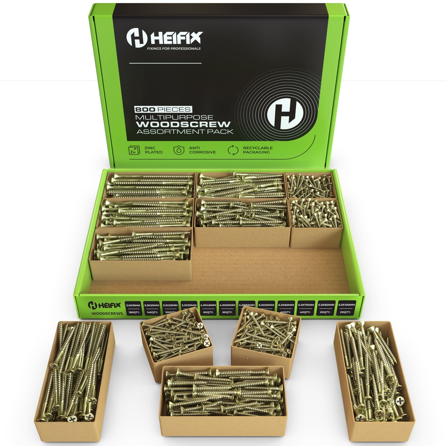 Heifix 800-Piece Wood Screw Assortment Set In Eco Storage Box - Double Countersunk, Pozi, Heavy Duty - FREE Screw Bit Included - For DIY, Floorboard, Wood Fences