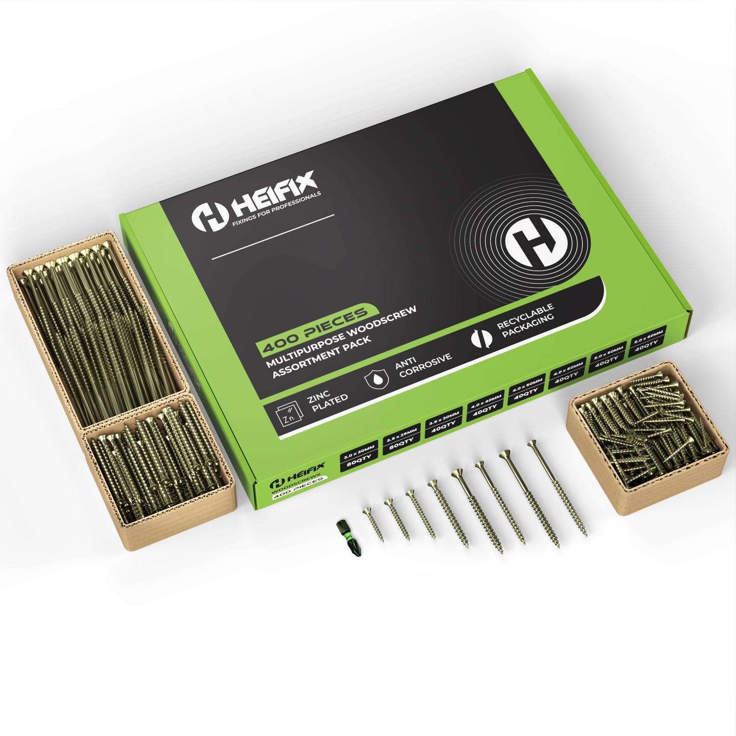 Heifix 400-Piece Wood Screw Assortment Set in Eco Storage Box - FREE PZ2 Bit Included - Double Countersunk, Pozi, Yellow Zinc, Heavy Duty - For DIY, Floorboard, Wood Fences
