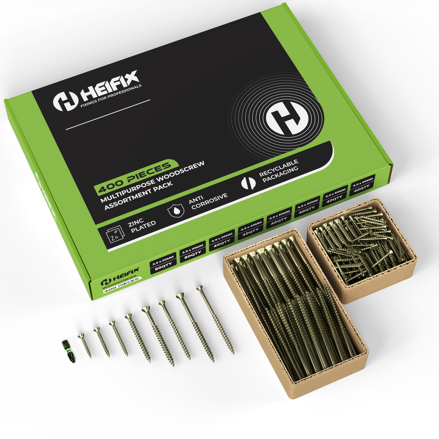 Heifix 400-Piece Wood Screw Assortment Set in Eco Storage Box - FREE PZ2 Bit Included - Double Countersunk, Pozi, Yellow Zinc, Heavy Duty - For DIY, Floorboard, Wood Fences