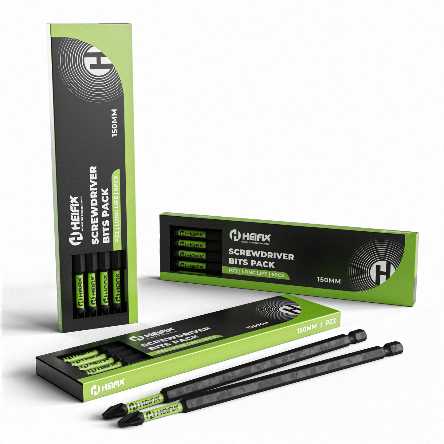 Heifix 6 x 150mm PZ2 Impact Long Screwdriver Magnetised Bit Set in Eco Storage Box - Pozi Drill Screw