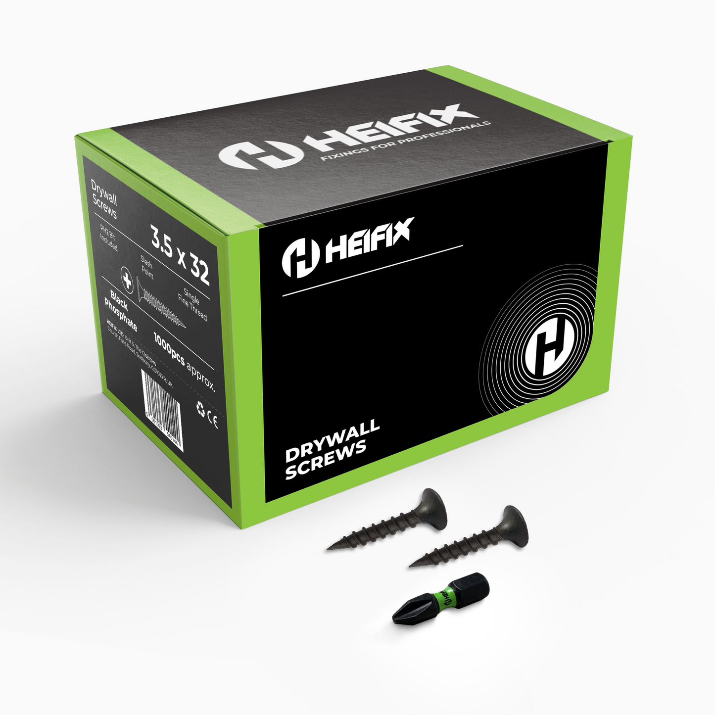 Heifix Drywall Plasterboard Screws - FREE PH2 Screw Bit Included - Black Phosphate Single Fine Thread