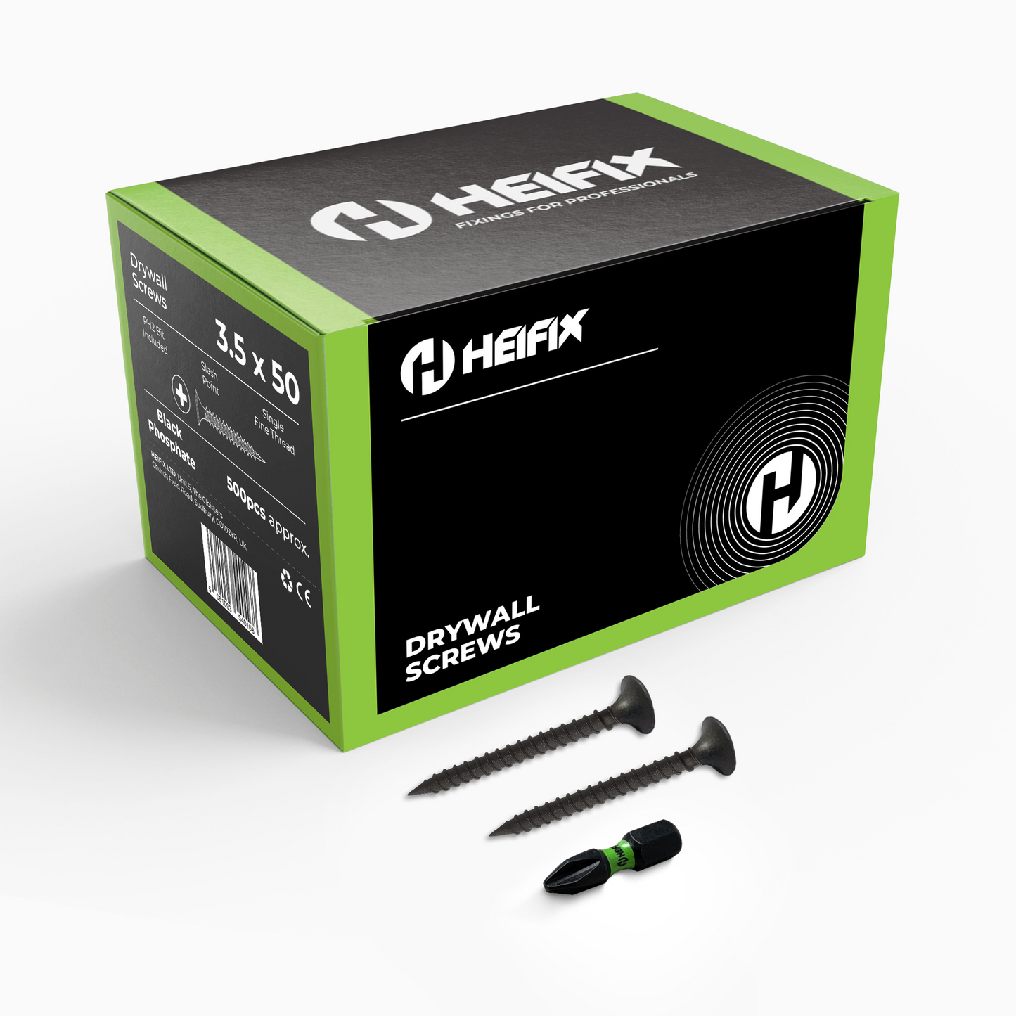 Heifix Drywall Plasterboard Screws - FREE PH2 Screw Bit Included - Black Phosphate Single Fine Thread