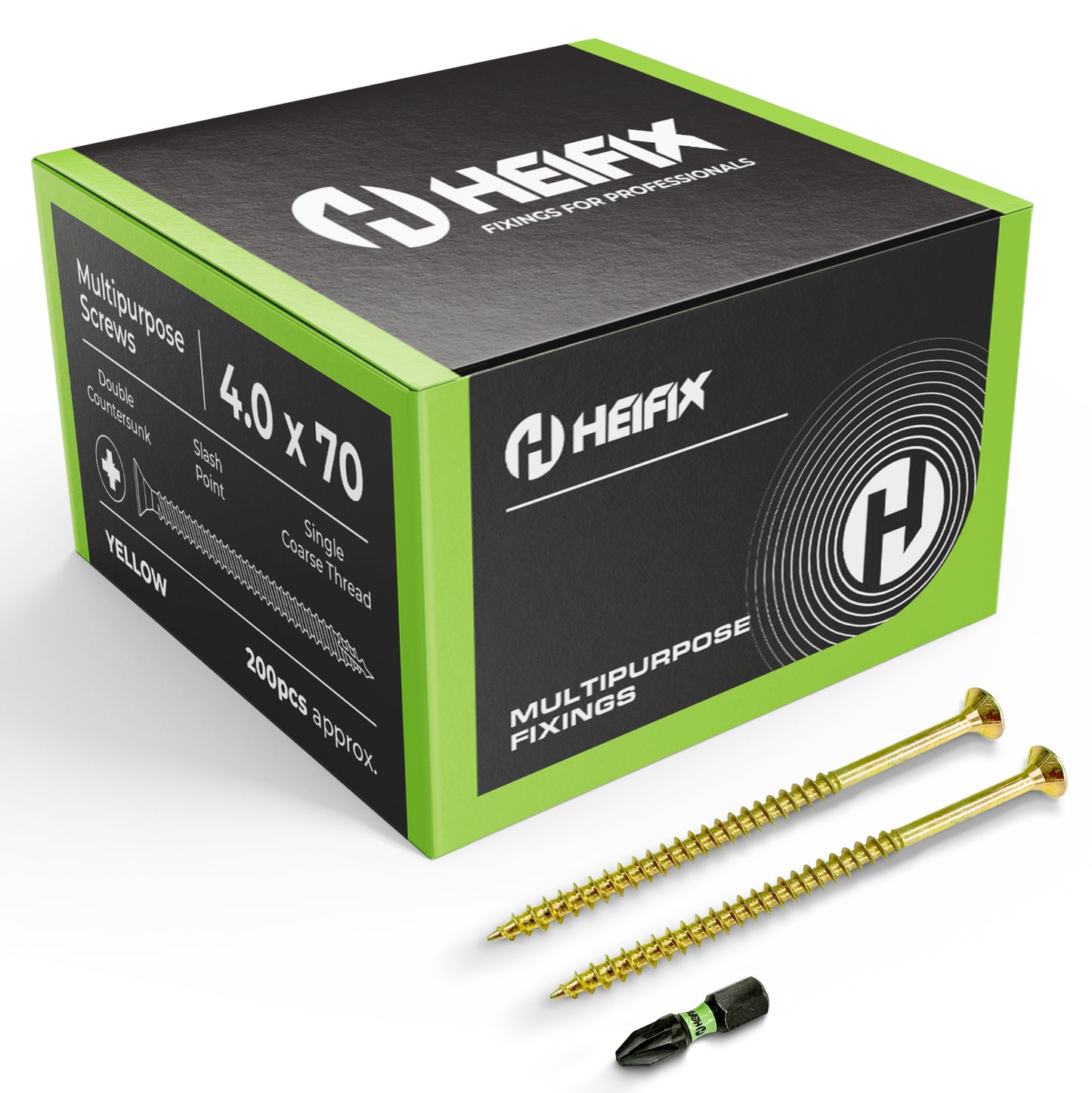 Heifix Multi-Purpose Wood Screws 4.0 x 70mm - FREE 25mm PZ2 Bit Included