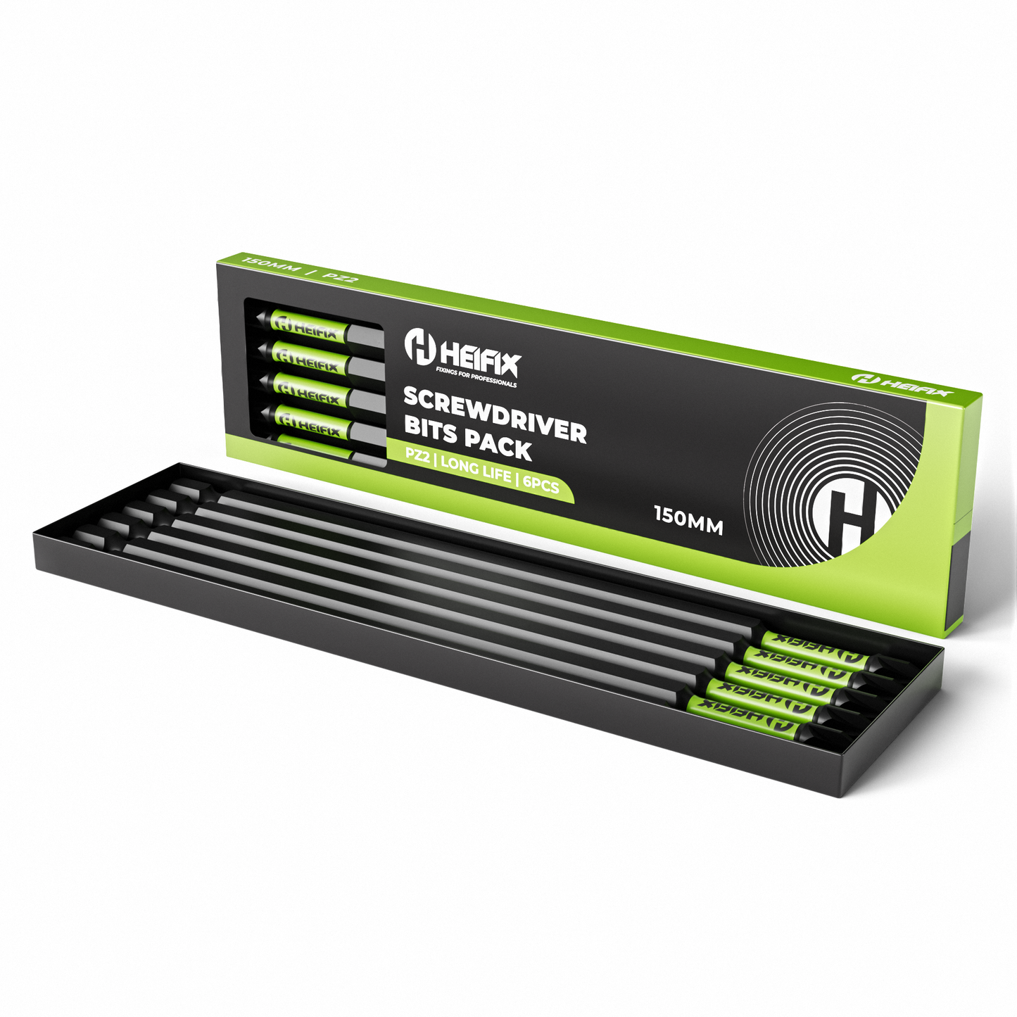 Heifix 6 x 150mm PZ2 Impact Long Screwdriver Magnetised Bit Set in Eco Storage Box - Pozi Drill Screw