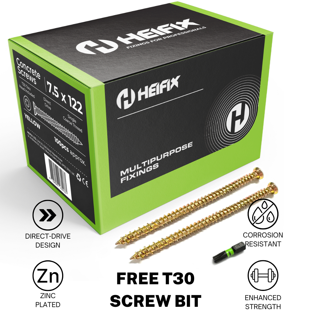 Heifix Carbon Steel Zinc-Plated Concrete Screws - FREE T30 Torx Bit Included - Flat Countersunk Head with Locking Ribs, Deep High/Low Thread for Maximum Hold