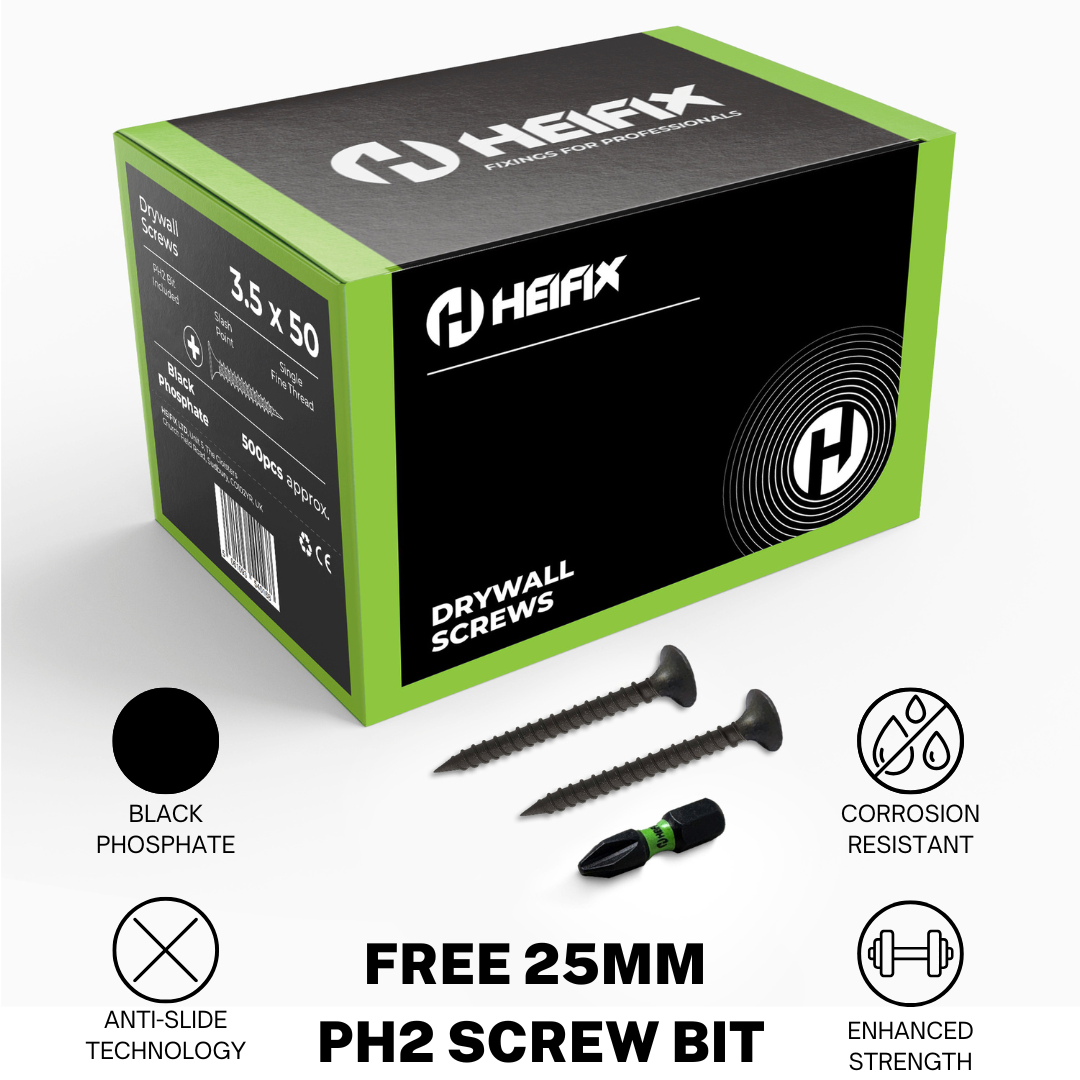 Heifix Drywall Plasterboard Screws - FREE PH2 Screw Bit Included - Black Phosphate Single Fine Thread