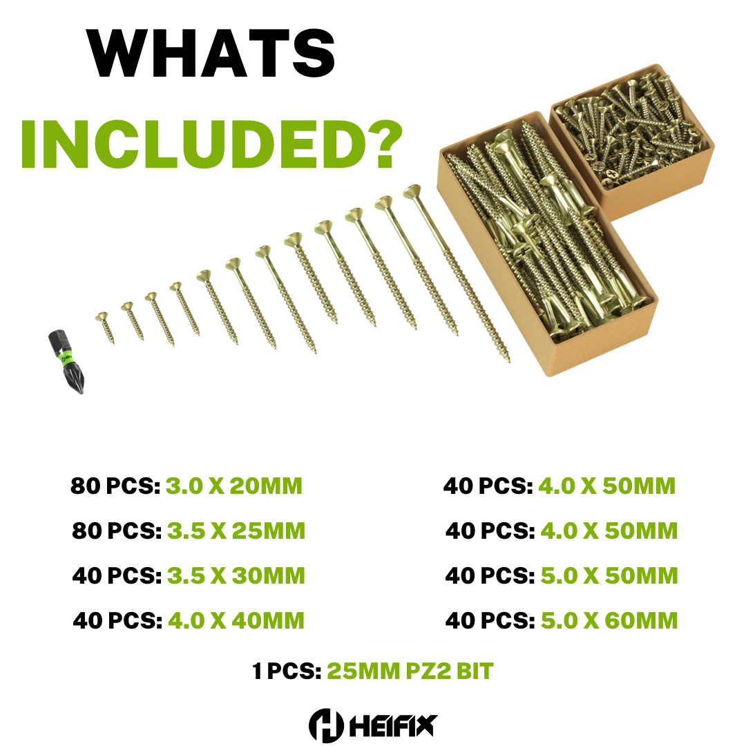 Heifix 400-Piece Wood Screw Assortment Set in Eco Storage Box - FREE PZ2 Bit Included - Double Countersunk, Pozi, Yellow Zinc, Heavy Duty - For DIY, Floorboard, Wood Fences