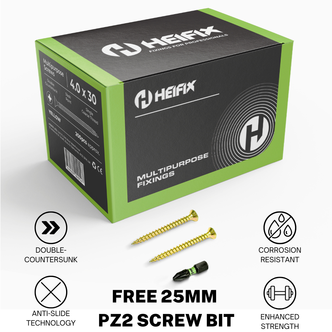 Heifix Multi-Purpose Wood Screws Pozi Double Countersunk - FREE Screw Bit Included