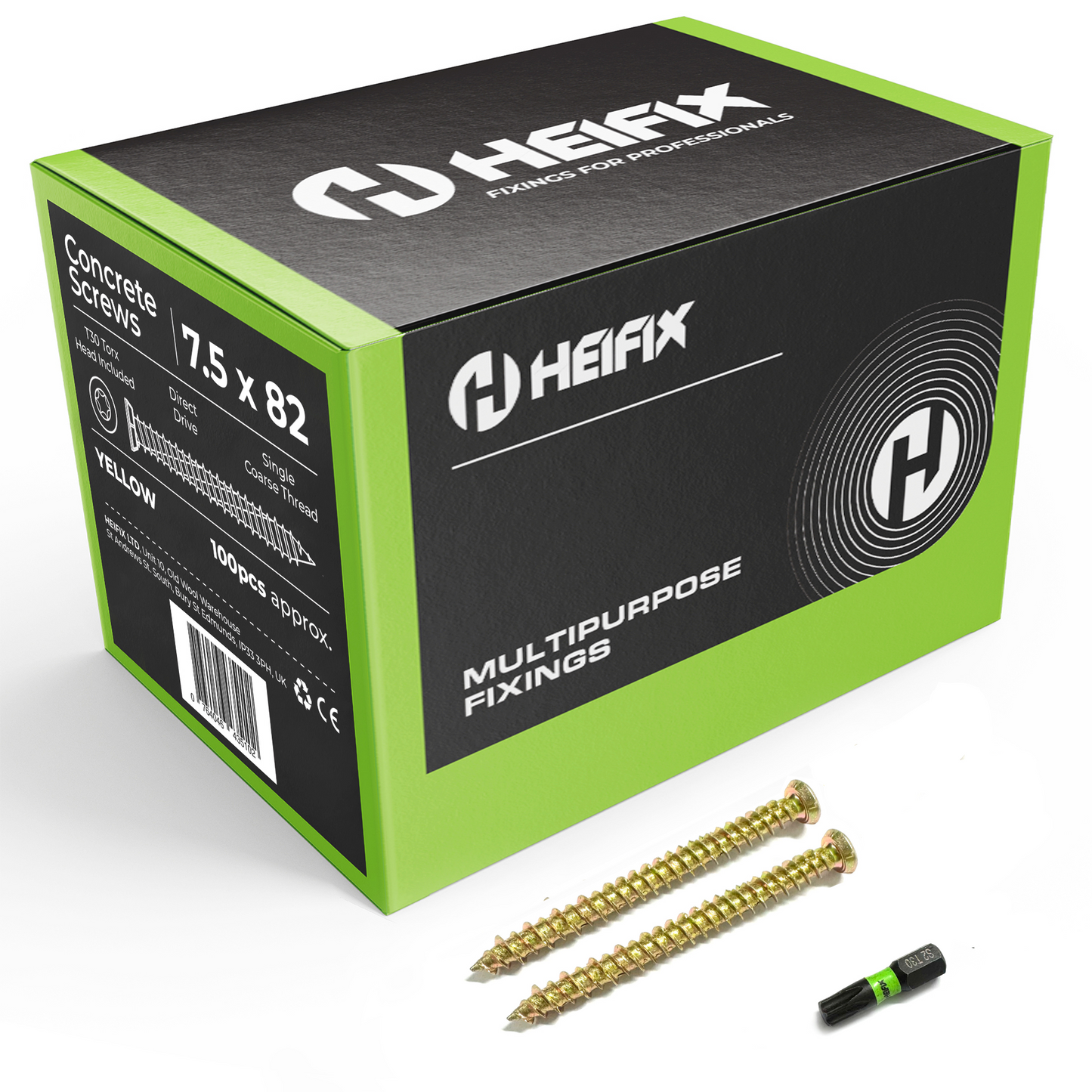 Heifix Carbon Steel Zinc-Plated Concrete Screws - FREE T30 Torx Bit Included - Flat Countersunk Head with Locking Ribs, Deep High/Low Thread for Maximum Hold