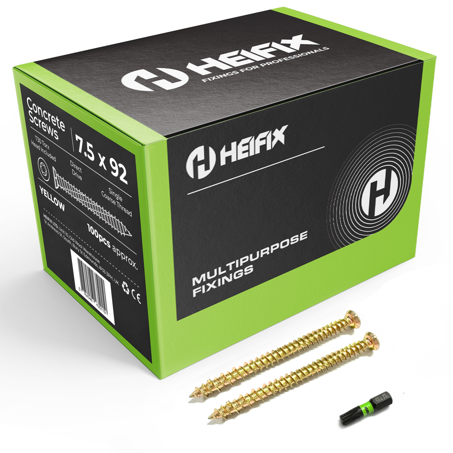 Heifix Carbon Steel Zinc-Plated Concrete Screws - FREE T30 Torx Bit Included - Flat Countersunk Head with Locking Ribs, Deep High/Low Thread for Maximum Hold
