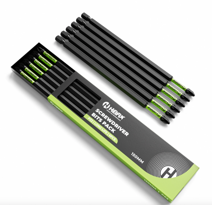 Heifix 6 x 150mm PZ2 Impact Long Screwdriver Magnetised Bit Set in Eco Storage Box - Pozi Drill Screw