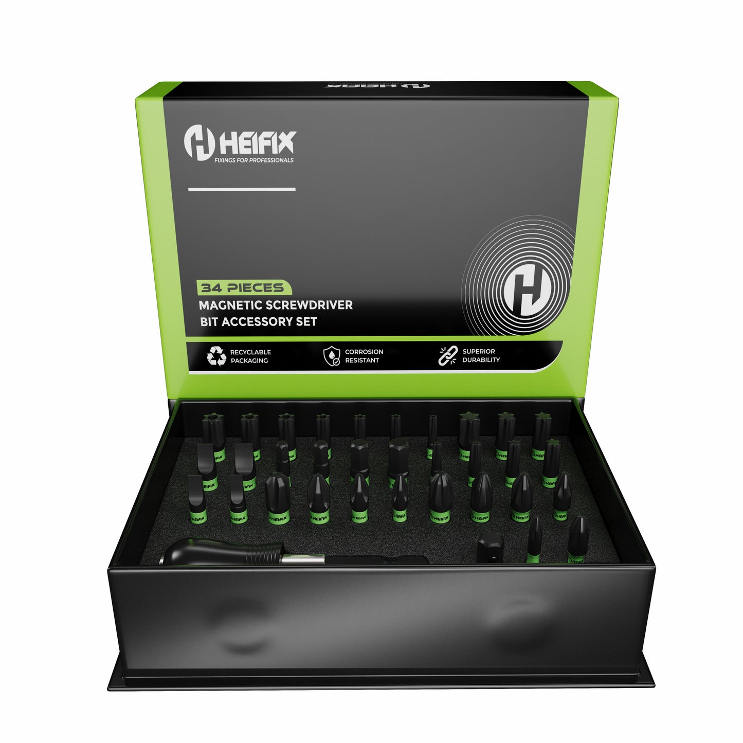 Heifix 34pcs Professional Magnetic Screwdriver Bit Set in Eco Storage Box - Quick Release Bit Holder and Adapter, with Slotted, Phillips, Pozidriv, Torx, Tamper-Proof Torx, and Hex Bits