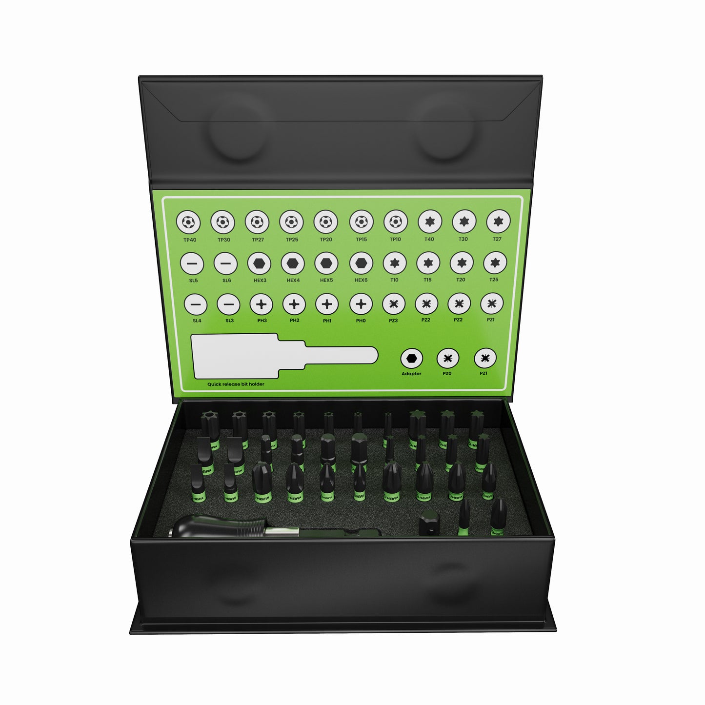 Heifix 34pcs Professional Magnetic Screwdriver Bit Set in Eco Storage Box - Quick Release Bit Holder and Adapter, with Slotted, Phillips, Pozidriv, Torx, Tamper-Proof Torx, and Hex Bits
