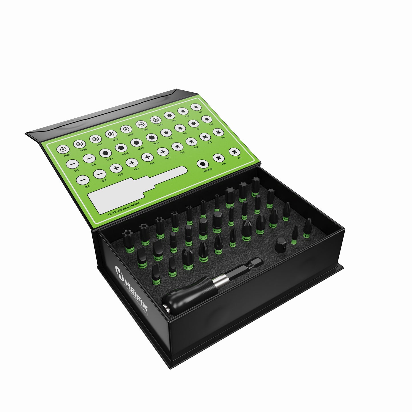 Heifix 34pcs Professional Magnetic Screwdriver Bit Set in Eco Storage Box - Quick Release Bit Holder and Adapter, with Slotted, Phillips, Pozidriv, Torx, Tamper-Proof Torx, and Hex Bits