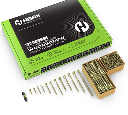 Heifix 800-piece wood screw assortment set in an eco-friendly green storage box- Heifix