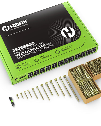 Heifix 800-piece wood screw assortment set in an eco-friendly green storage box- Heifix