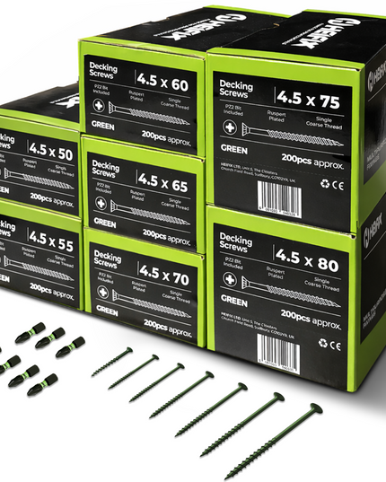 Stack of green and black packaging boxes containing decking screws 