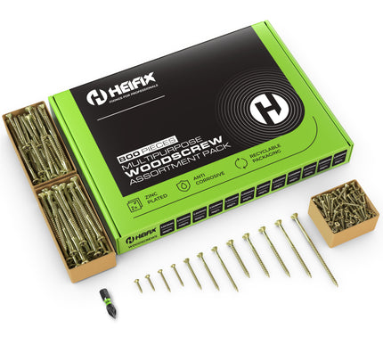 eifix 800-piece wood screw assortment set in an eco-friendly green storage box- Heifix