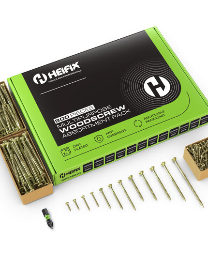 eifix 800-piece wood screw assortment set in an eco-friendly green storage box- Heifix