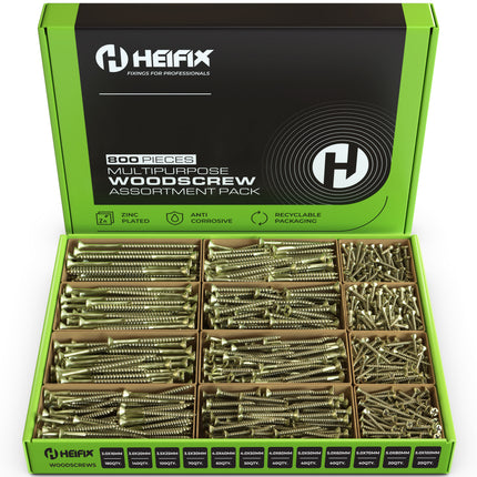  800-piece wood screw assortment set in an eco-friendly green storage box- Heifix