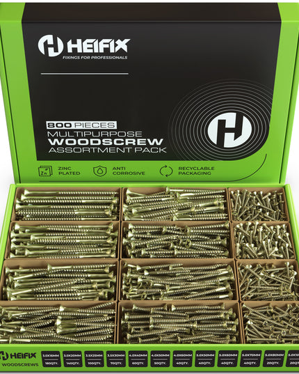  800-piece wood screw assortment set in an eco-friendly green storage box- Heifix
