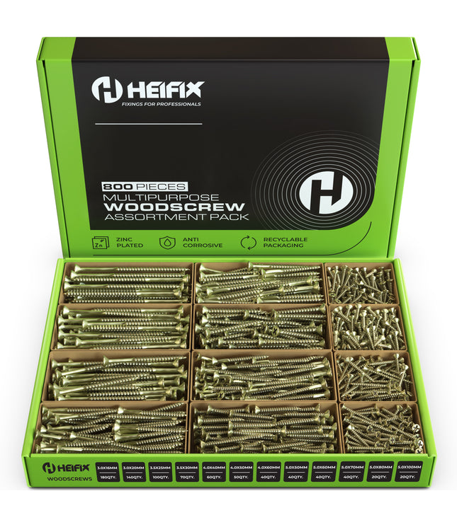 Heifix 800-Piece Wood Screw Assortment Set In Eco Storage Box - Double Countersunk, Pozi, Heavy Duty - FREE Screw Bit Included