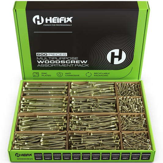 Heifix 800-Piece Wood Screw Assortment Set In Eco Storage Box - Double Countersunk, Pozi, Heavy Duty - FREE Screw Bit Included - For DIY, Floorboard, Wood Fences