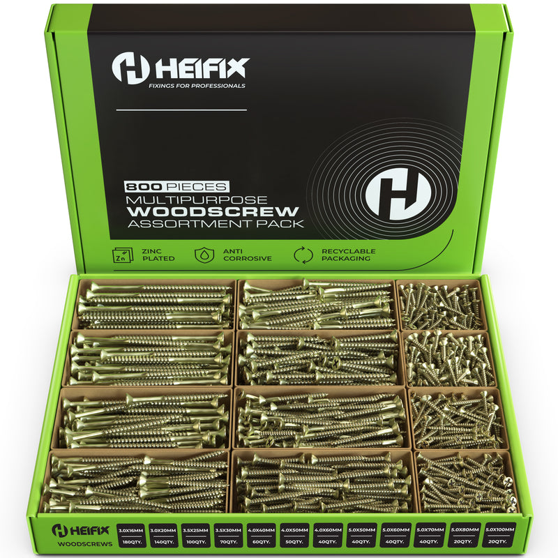 800 Piece Wood Screw Assortment Set (Eco Storage Box) – Free PZ2 Bit – Heifix – Default Title