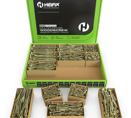 Heifix 800-piece wood screw assortment set.