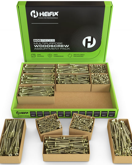 Heifix 800-piece wood screw assortment set.