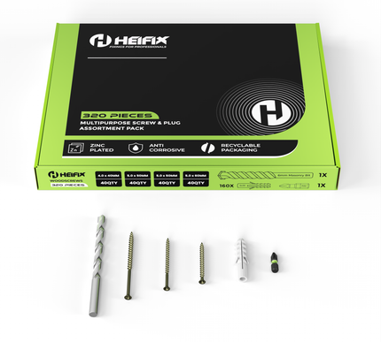 320 Piece Wall Plug & Screw Set (Eco Storage Box) – Free 6mm Masonry Drill Bit + PZ2 Bit – Heifix