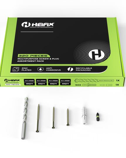 320 Piece Wall Plug & Screw Set (Eco Storage Box) – Free 6mm Masonry Drill Bit + PZ2 Bit – Heifix