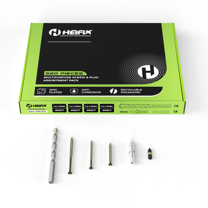 Heifix 320pcs Wall Plug and Screw Set In Eco Storage Box - FREE 6mm Masonry Drill Bit and PZ2 Bit - Assorted Sizes for Masonry and Wood, Ideal for DIY and Home Project