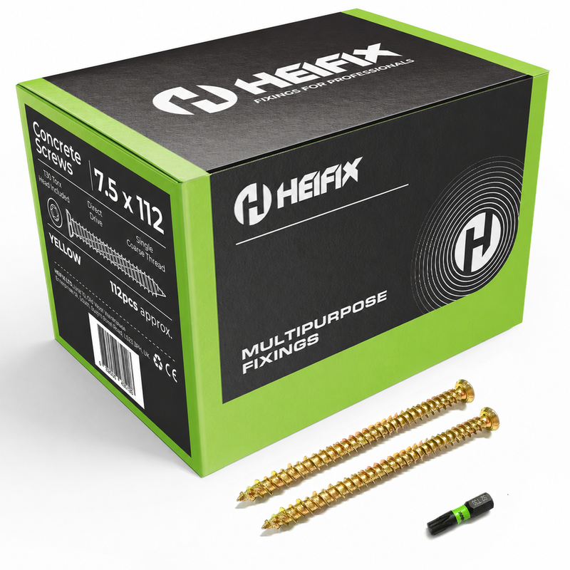 Concrete Screws (Carbon Steel, Zinc Plated) – Free T30 Torx Bit Included – Heifix – 100 / 7.5mm x 112mm