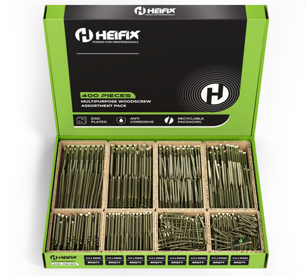 400 Piece Wood Screw Assortment Set (Eco Storage Box) – Free PZ2 Bit – Heifix