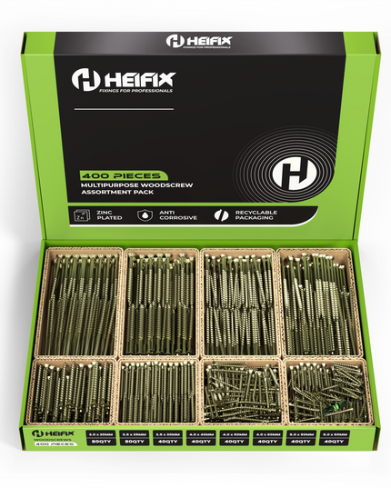 400 Piece Wood Screw Assortment Set (Eco Storage Box) - Free PZ2 Bit - Heifix