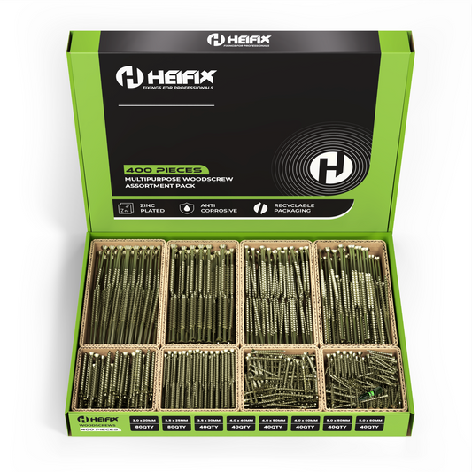 Heifix 400-Piece Wood Screw Assortment Set in Eco Storage Box - FREE PZ2 Bit Included - Double Countersunk, Pozi, Yellow Zinc, Heavy Duty - For DIY, Floorboard, Wood Fences