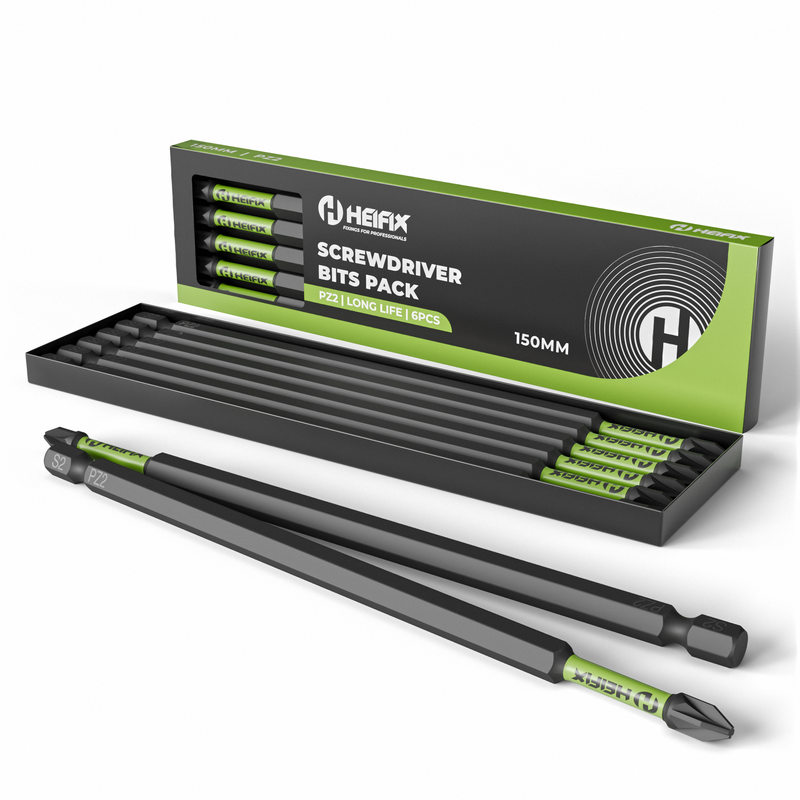 150mm PZ2 Impact Long Screwdriver Bit Set (Magnetic) – Heifix – 6 Pack