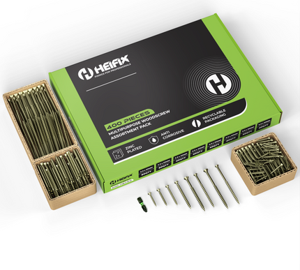 400 Piece Wood Screw Assortment Set (Eco Storage Box) – Free PZ2 Bit – Heifix