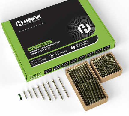 400 Piece Wood Screw Assortment Set (Eco Storage Box) – Free PZ2 Bit – Heifix