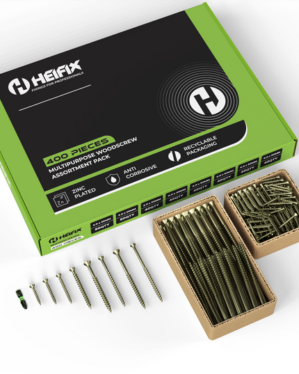 400 Piece Wood Screw Assortment Set (Eco Storage Box) - Free PZ2 Bit - Heifix