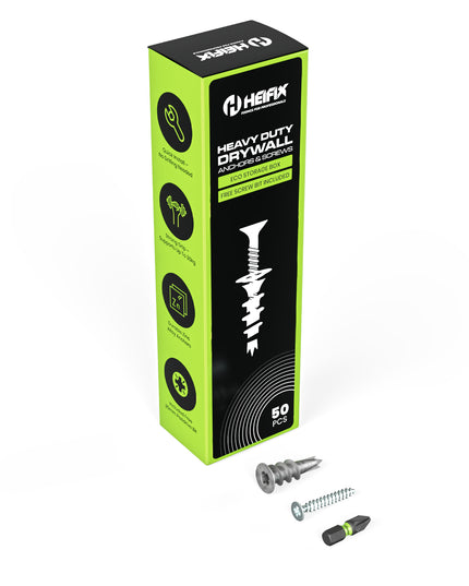Heifix heavy duty drywall anchor kit with packaging and screws - Heifix