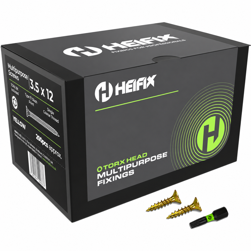 Multipurpose Wood Screws (TORX, Double Countersunk)‚ Free Screw Bit Included‚ Heifix – 200 / 3.5 x 12mm
