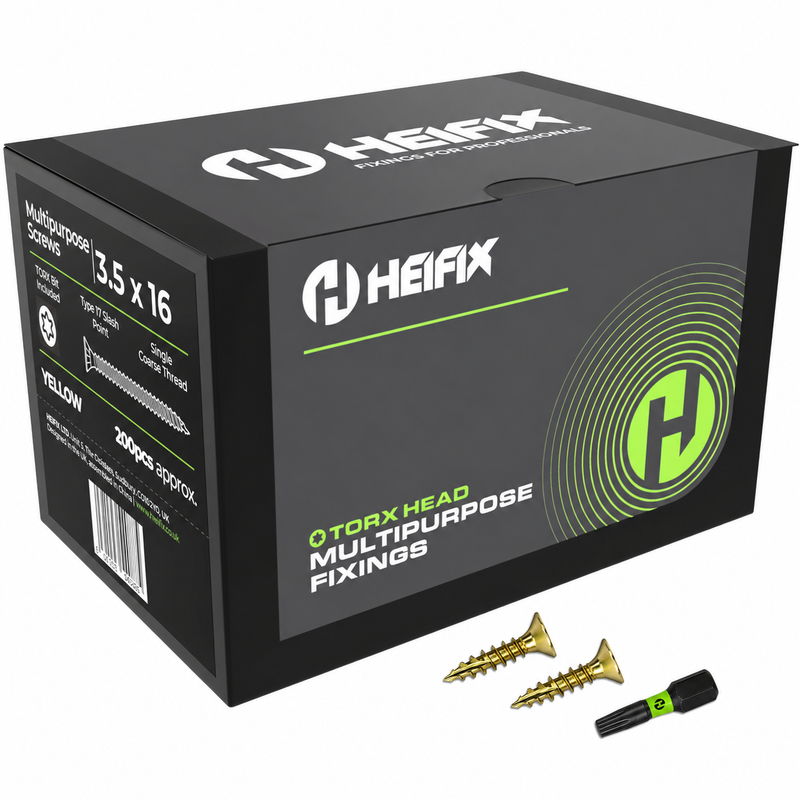 Multipurpose Wood Screws (TORX, Double Countersunk)‚ Free Screw Bit Included‚ Heifix – 200 / 3.5 x 16mm