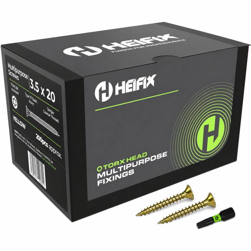 Multipurpose Wood Screws (TORX, Double Countersunk)‚ Free Screw Bit Included‚ Heifix – 200 / 3.5 x 20mm