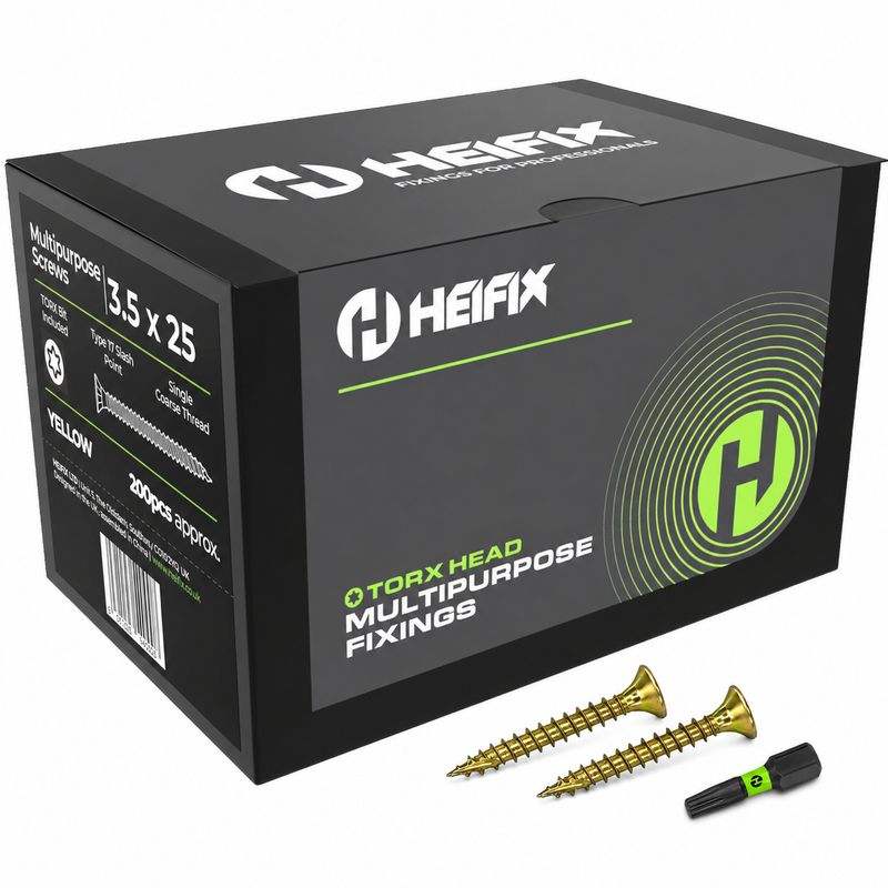 Multipurpose Wood Screws (TORX, Double Countersunk)‚ Free Screw Bit Included‚ Heifix – 200 / 3.5 x 25mm