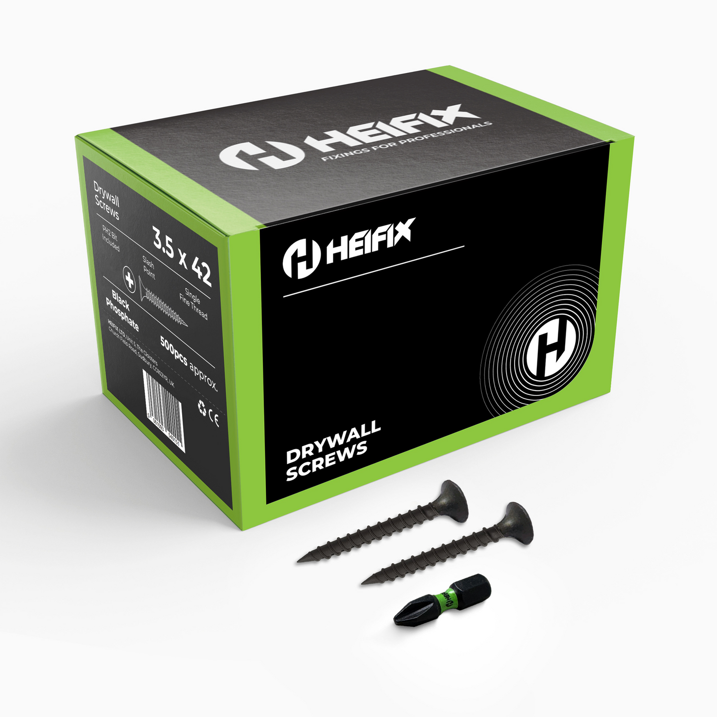 Heifix Drywall Plasterboard Screws - FREE PH2 Screw Bit Included - Black Phosphate Single Fine Thread