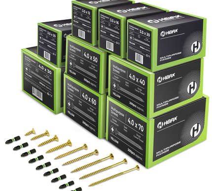 HEAX screw packaging with screws displayed in front - Heifix