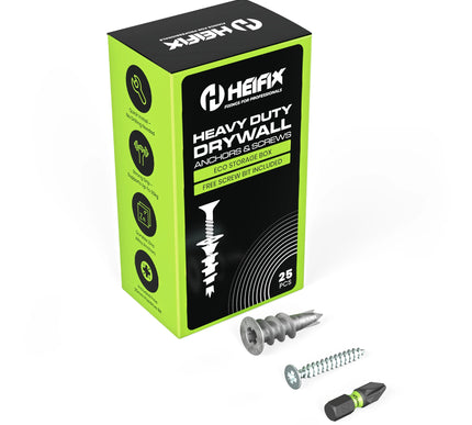 HEFIX heavy-duty drywall anchors and screws packaging with sample anchors - Heifix